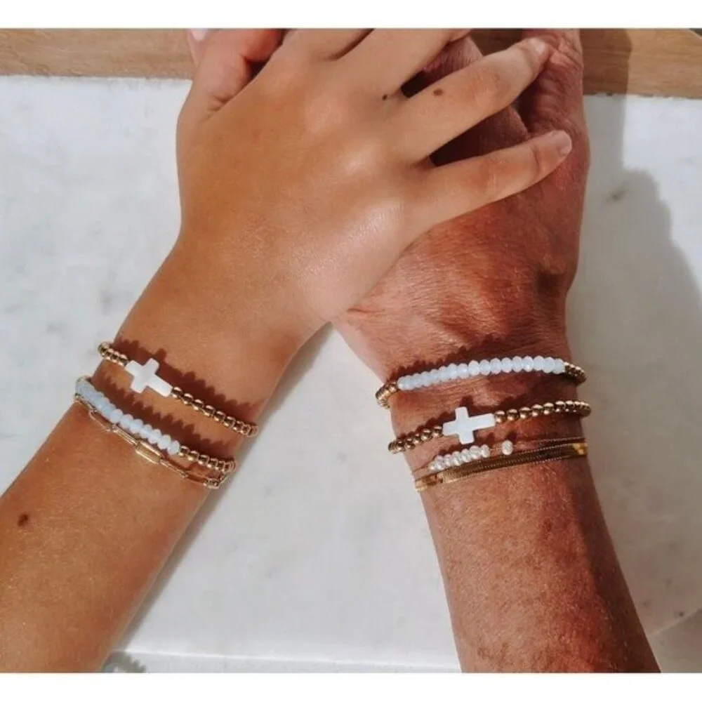 Matching Bracelet set Pearl Cross Non-Tarnish Gold Beaded Mommy & Me Matching